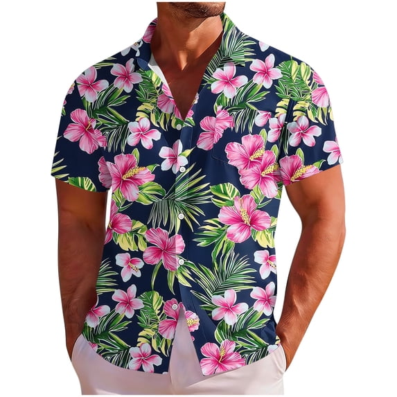 Mens Hawaiian Shirt Short Sleeve Button Down Cotton Floral Shirts Casual Tropical Beach Summer Shirts Pink L