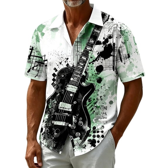 Mens Hawaiian Shirt Short Sleeve Button Down Shirts Music Symbol Printed Summer Regular Fit Beach Shirt Tops
