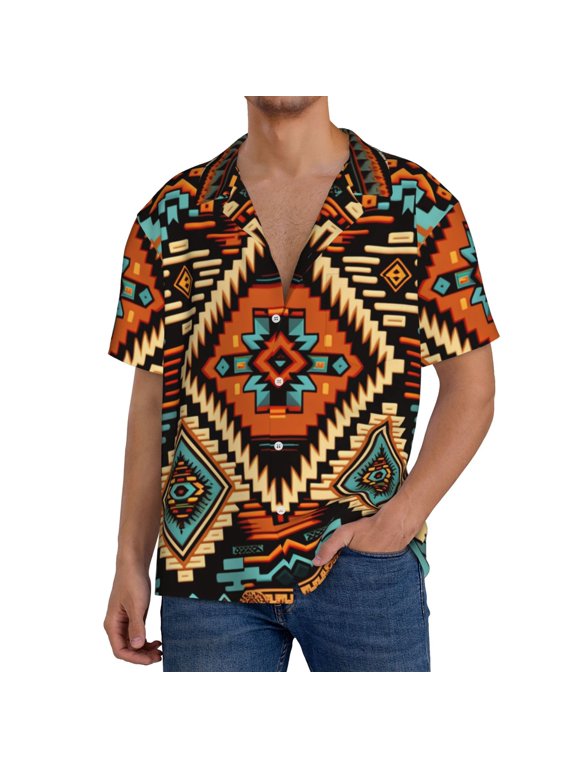 Mens Hawaiian Shirt Short Sleeve Casual Summer Beach Tops , Aztec Baja Western Native Southwest