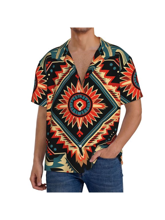 Mens Hawaiian Shirt Short Sleeve Casual Summer Beach Tops , Aztec Baja Western Native Southwest