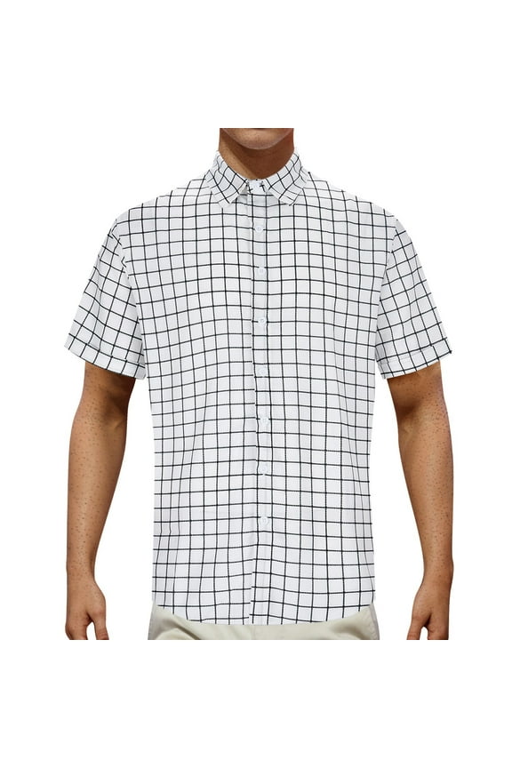 Mens Hawaiian Shirt Short Sleeve Plaid Button Down Lapel Top Plus Size Retro Summer Casual Loose Beach Shirts for Men White M