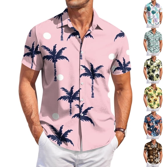 Mens Hawaiian Shirt Short Sleeve Summer Big and Tall Tropical Print Button Down Shirts for Men Trendy Holiday Beach Shirts Red 5XL