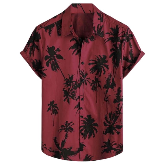 Mens Hawaiian Shirt Short Sleeve Tropical Printed Button Lapel Top Loose Casual Workout Summer Beach Shirts for Men Red L