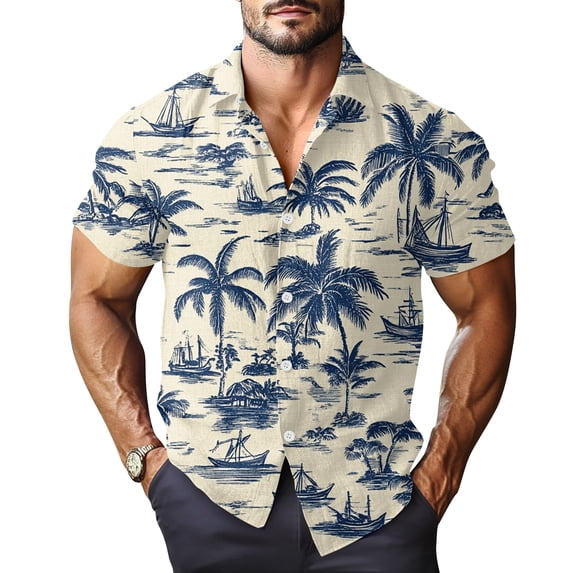 Mens Hawaiian Shirt Summer Beach Tropical Vacation Print Aloha Shirt Casual Short Sleeve Button Down Shirt Beige L