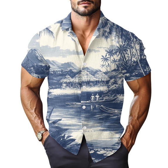 Mens Hawaiian Shirt Summer Beach Tropical Vacation Print Aloha Shirt Casual Short Sleeve Button Down Shirt Navy S