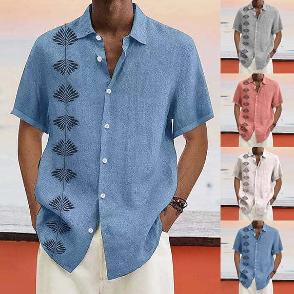 Mens Hawaiian Shirt Summer Short Sleeve Cuban Shirt Lightweight Casual Button Down Shirt Travel Beach Tops Gray L
