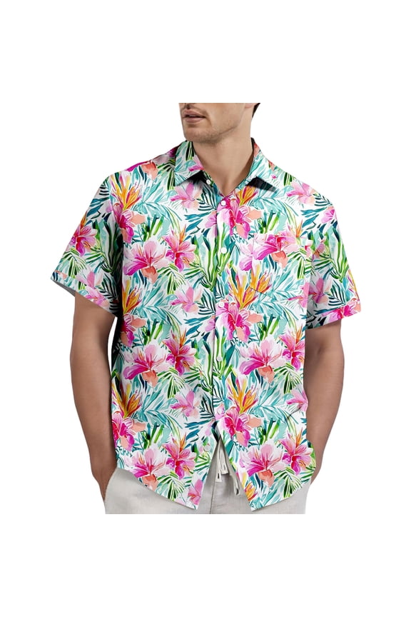 Mens Hawaiian Shirt Tropical Floral Print Summer Short Sleeve Lapel Button Down Beach Vacation Hawaiian Shirts