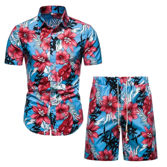 Mens Hawaiian Shirt and Short Sets Outfits 2 Piece Casual Beach Floral Track Suit