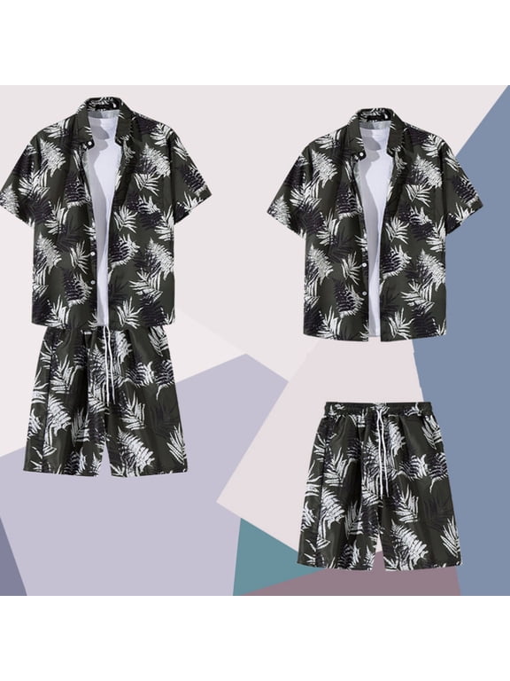 Mens Hawaiian Shirt and Shorts Set 2 Piece Casual Beach Lapel Button Pocket Shirt Top Drawstring Shorts