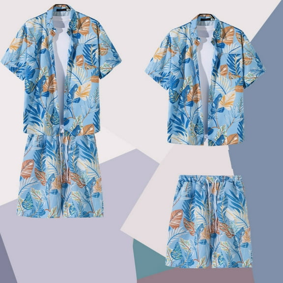 Mens Hawaiian Shirt and Shorts Set 2 Piece Casual Beach Lapel Button Pocket Shirt Top Drawstring Shorts