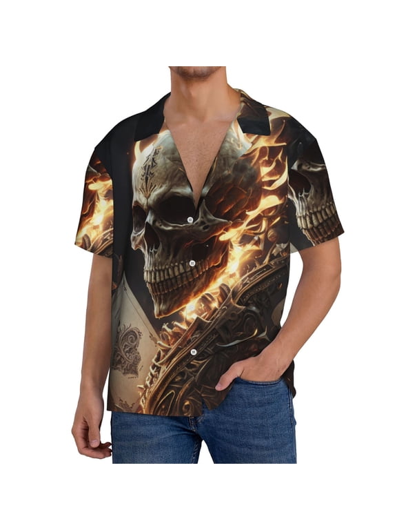 Mens Hawaiian Shirts Casual Short Sleeve Button Down Beach , Fire Skull Playing Flaming Cards