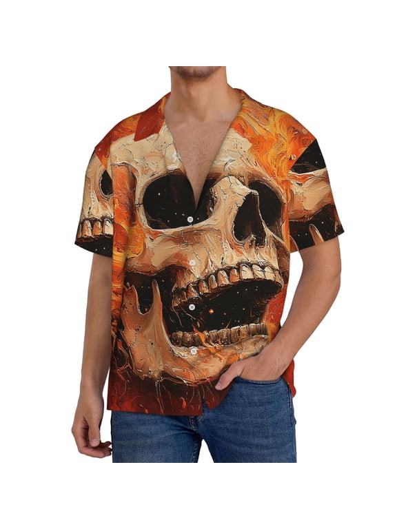 Mens Hawaiian Shirts Casual Short Sleeve Button Down Beach , Flame Skull Red Fire Art
