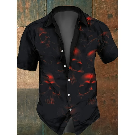 Mens Hawaiian Shirts Casual Skull Print Short Sleeve Button Down Tropical Beach Shirt Black L
