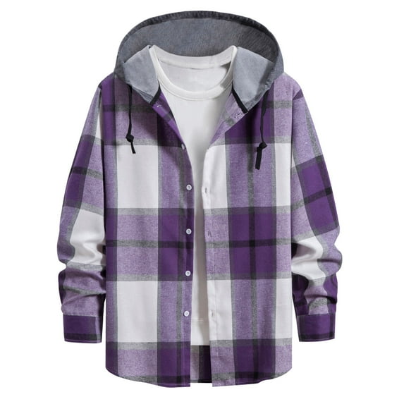 Mens Hawaiian Shirts L Casual Plaid Print Hooded Collar Long Sleeve Comfortable Breathable Gathering Vacation Purple Button Down Tops Sizes L