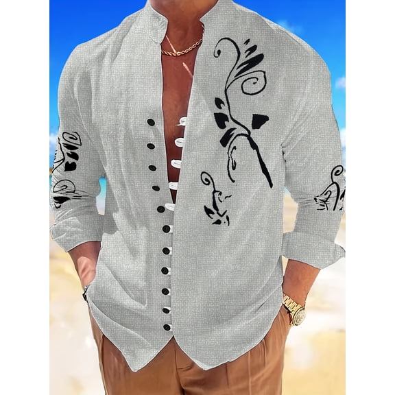 Mens Hawaiian Shirts Long Sleeve Funny Graphic Print Shirt Tropical Holiday Beach Shirts Summer Vacation Beach Shirts Regular Fit Button Down Long Sleeve Shirt Gray _XXL
