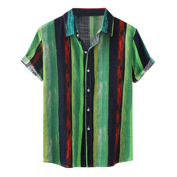 Mens Hawaiian Shirts M Casual Stripe Printed Short Sleeve Single Collared Comfortable Breathable Gathering Vacation Green Button Down Shirt Sizes M