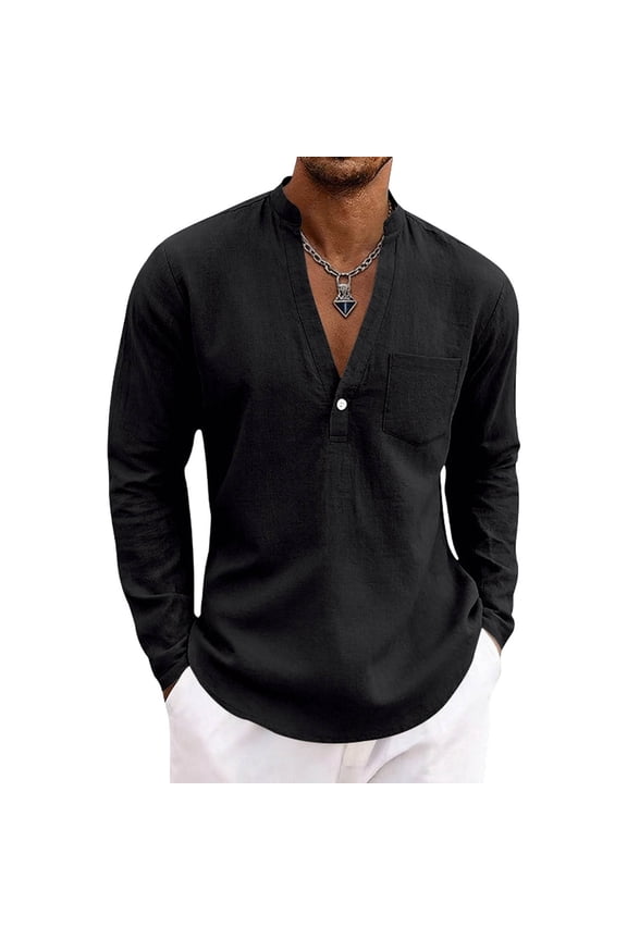 Mens Hawaiian Shirts Notch V-Neck Long Sleeve Wedding T-Shirt with Pocket Beach Vacation Tops Dad Gifts