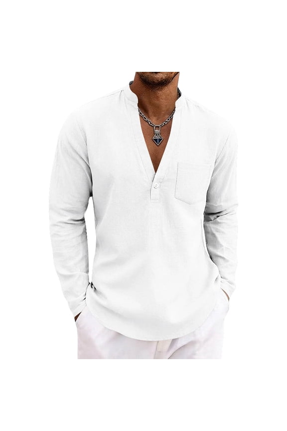 Mens Hawaiian Shirts Notch V-Neck Long Sleeve Wedding T-Shirt with Pocket Beach Vacation Tops Dad Gifts
