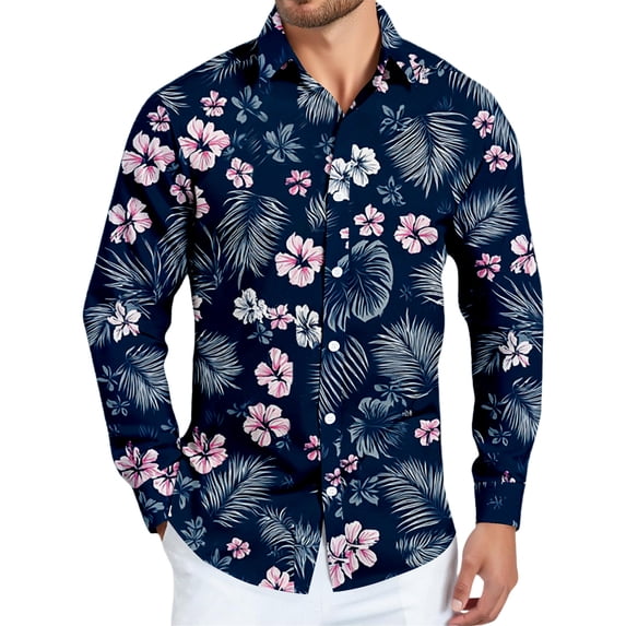 Mens Hawaiian Shirts Ocean Wave Print Casual Long Sleeve Button Down Shirts Tropical Holiday Beach Clothes