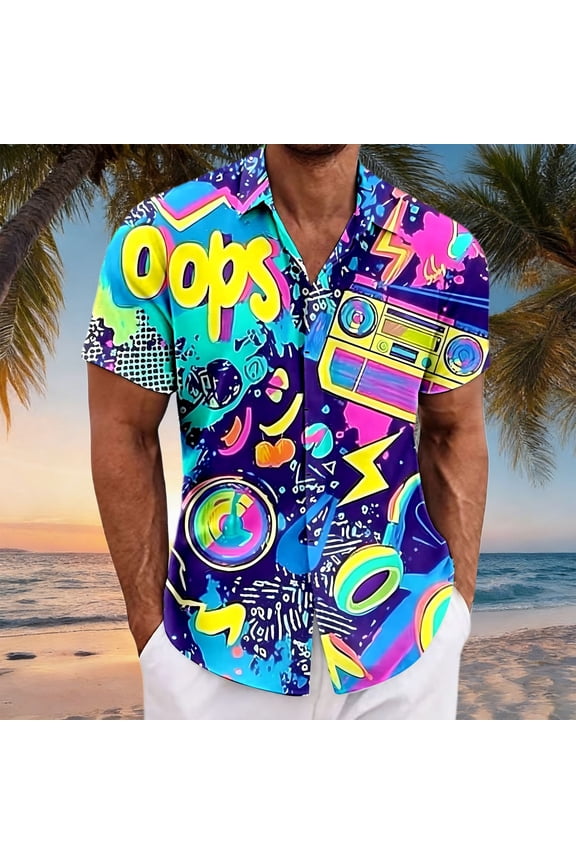 Mens Hawaiian Shirts Short Sleeve 80s Retro Print Casual Lapel Summer Top Multicolour XXXL