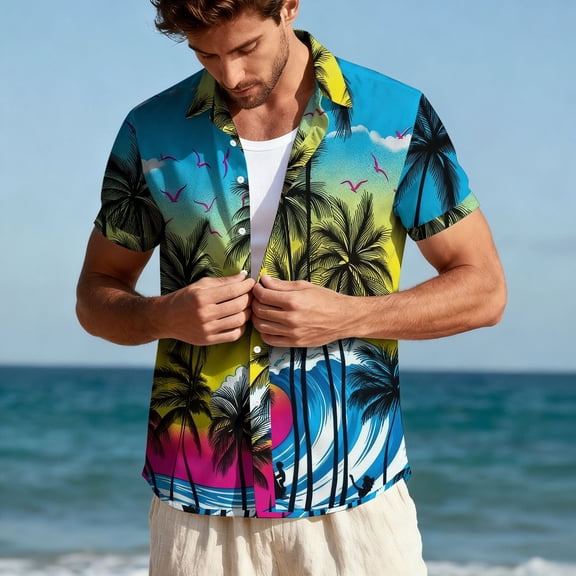 Mens Hawaiian Shirts Short Sleeve Casual Button Down Shirt Vacation Beach Tops Turndown Collar Blouses Summer Clothings