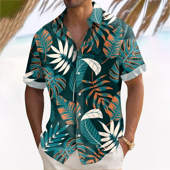 Mens Hawaiian Shirts Short Sleeve Casual Button Down Tropical Beach Shirt Dark Green 2XL