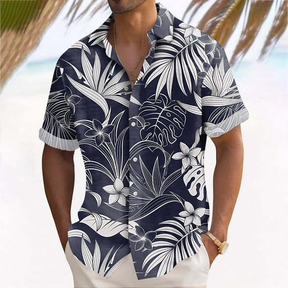 Mens Hawaiian Shirts Short Sleeve Casual Button Down Tropical Beach Shirt Navy XL