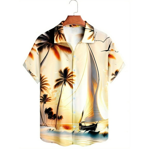 Mens Hawaiian Shirts Short Sleeve Shirts Summer Floral Shirt Beach Aloha Holiday Clothes Yellow XXL