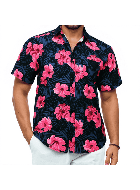 Mens Hawaiian Shirts Short Sleeve Summer Beach Aloha Shirt Floral Casual Button Down Shirt Hot Pink