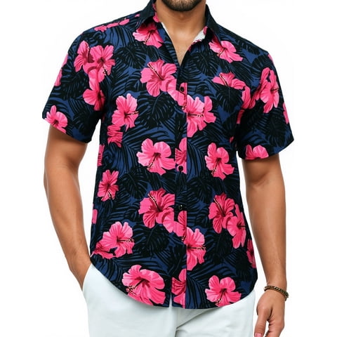 Mens Hawaiian Shirts Short Sleeve Summer Beach Aloha Shirt Tropical Floral Casual Button Down Shirt Hot Pink