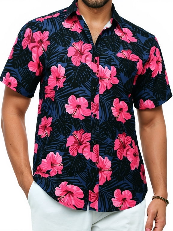 Mens Hawaiian Shirts Short Sleeve Summer Beach Aloha Shirt Tropical Floral Casual Button Down Shirt Hot Pink