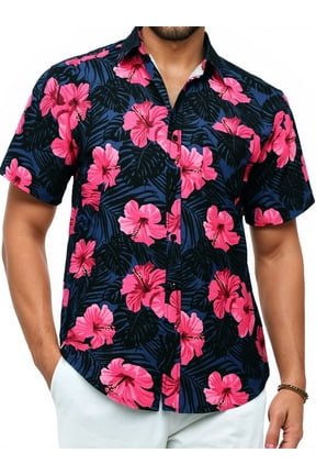 Mens Hawaiian Shirts Short Sleeve Summer Beach Aloha Shirt Tropical Floral Casual Button Down Shirt Hot Pink