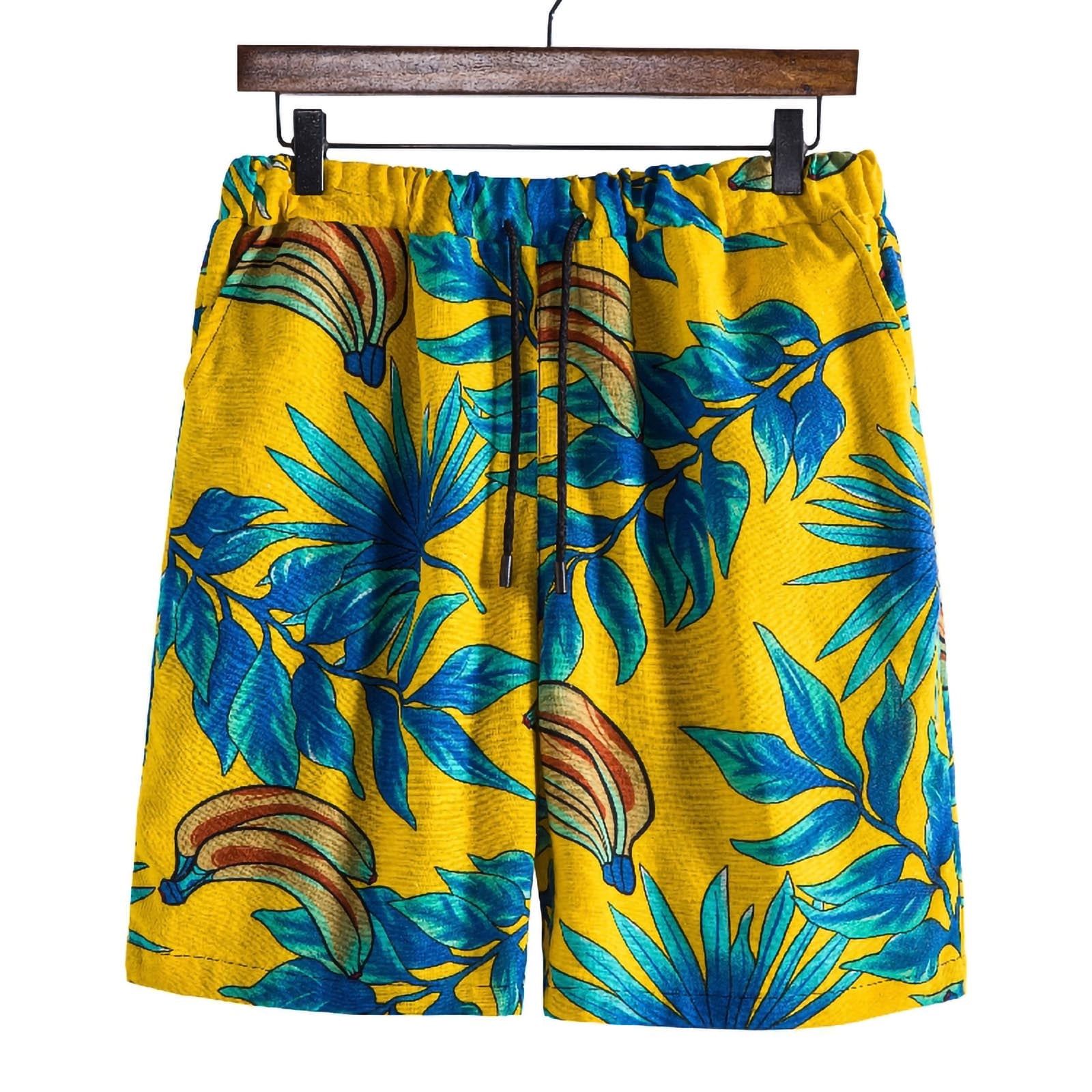 Mens Hawaiian Shorts Drawstring Cotton Linen Floral Ethnic Print Beach