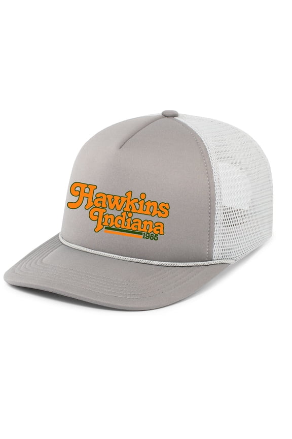 Mens Hawkins Indiana 1986 Upside Down Rope Hat Embroidered Foam Front Mesh Back Trucker Hat, Graphite/Silver/Graphite