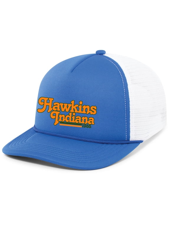 Mens Hawkins Indiana 1986 Upside Down Rope Hat Embroidered Foam Front Mesh Back Trucker Hat, Royal/White/Royal