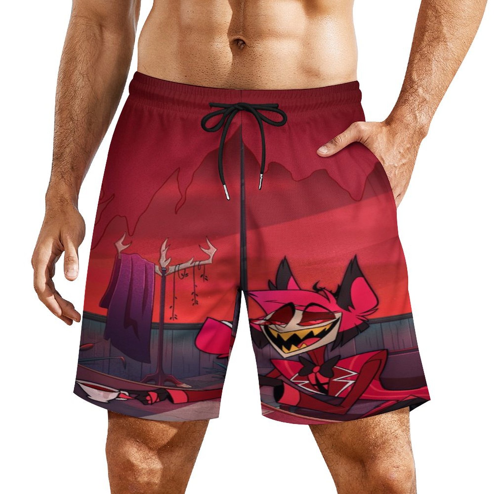 Mens Hazbin Hotel Helluva Boss Swim Trunks with Compression Liner Quick
