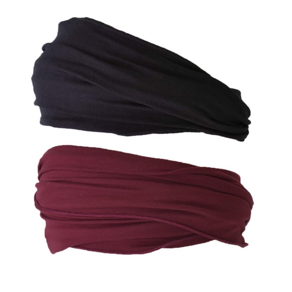 Mens Head Wraps Elastic Bandana - Japanese Headband Workout Women Hair Black & Maroon 2-Pack