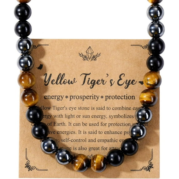 Mens Healing Crystal Black Obsidian Tigers Eye Hematite Beaded Necklace Jewelry Gifts for Men Stress Relief,Balance