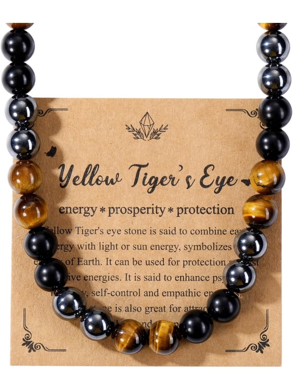 Mens Healing Crystal Black Obsidian Tigers Eye Hematite Beaded Necklace Jewelry Gifts for Men Stress Relief,Balance