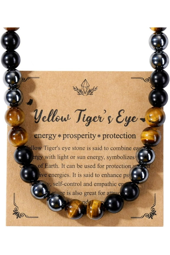 Mens Healing Crystal Black Obsidian Tigers Eye Hematite Beaded Necklace Jewelry Gifts for Men Stress Relief,Balance