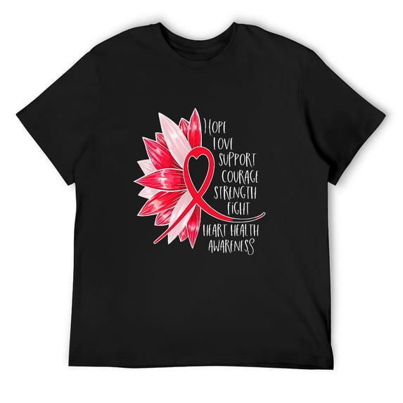 Mens Heart Health Awareness- Sunflower And Heart Ribbon Short Sleeve T-Shirt Black Large
