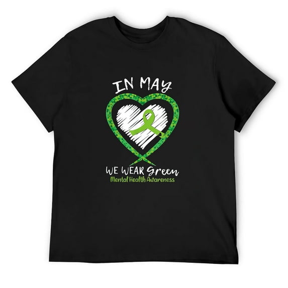 Mens Heart In May We Wear Green Ribbon Mental Health Awareness T-Shirt Black 2X-Large