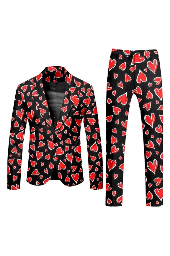Mens Heart Suit Valentines Day Slim Fit Printed Blazer and Pants Love Costume 2 Piece Outfit for Party and Wedding