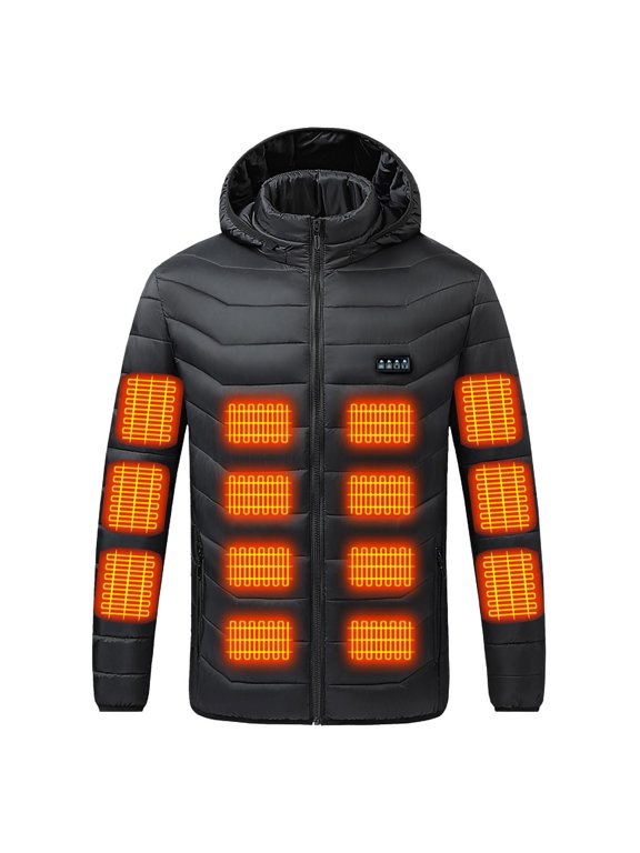 Mens Heated Jackets Long Sleeve Hooded Zip up Quilted Jacket for Big and Tall 4 Heating Levels 37 Zones Winter Warm Padded Coat,Sizes S-5XL