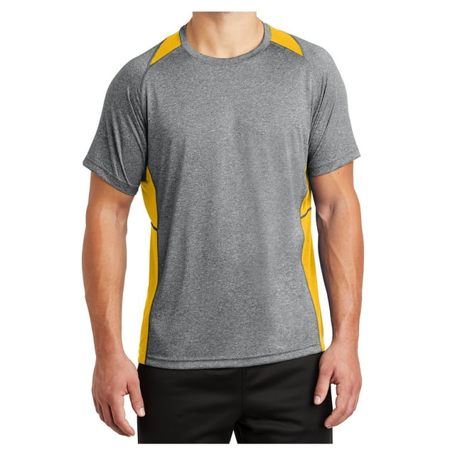 Mens Heather Colorblock Contender Polyester Tee Vintage Heather/ Gold L