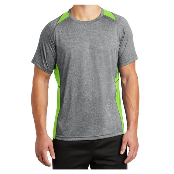 Mens Heather Colorblock Contender Polyester Tee Vintage Heather/ Lime Shock L