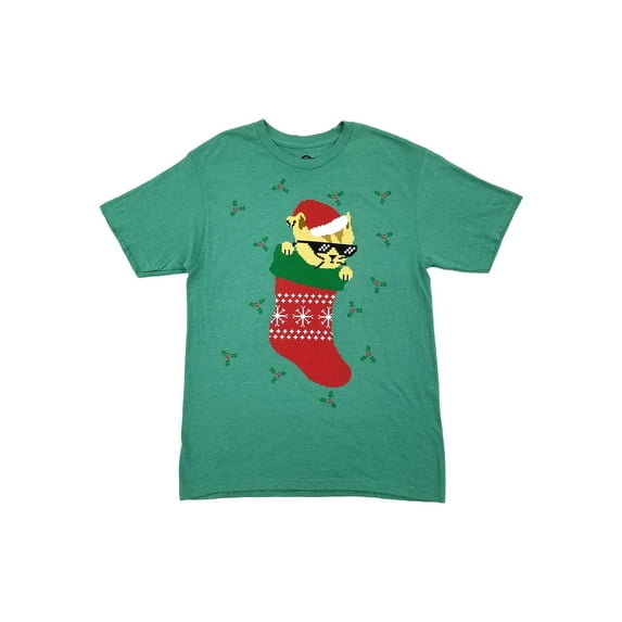 Mens Heather Green Cat Christmas Stocking Mistletoe Holiday Novelty T-Shirt L
