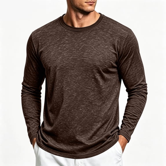 Long A Exercise Mens Heather Long Sleeve Crew Neck T Shirt Soft Lightweight Curved Hem ...