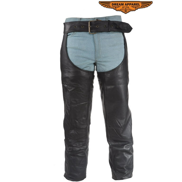 Mens Heavy Duty Leather Motorcycle Chaps With Zippered Pocket