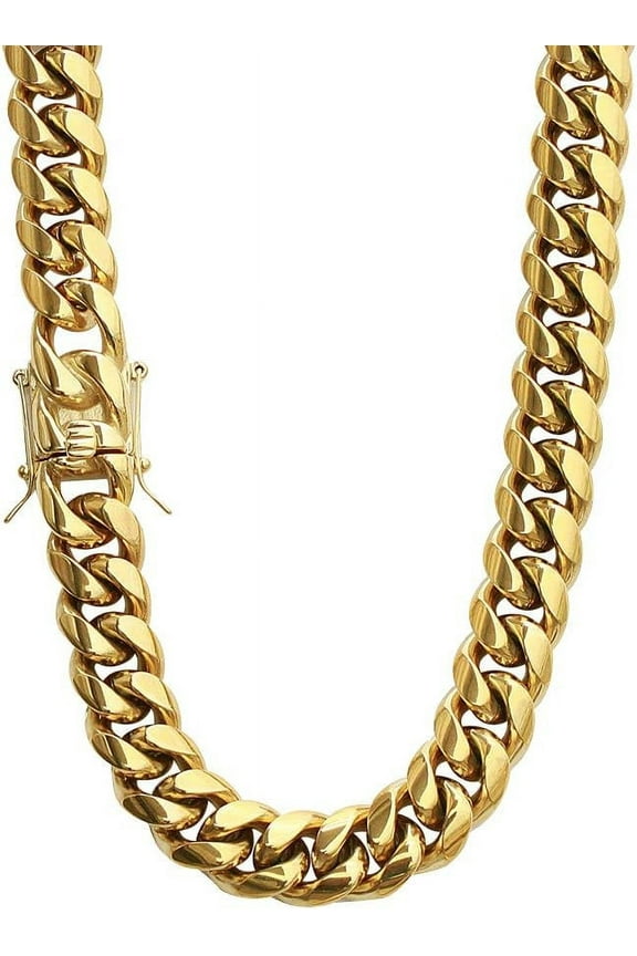 Mens Heavy Miami Cuban Link Chain Choker 14k Gold Plated Hip Hop Thick Stainless Steel 8mm/10mm/12mm/14mm/16mm Necklace/Bracelet